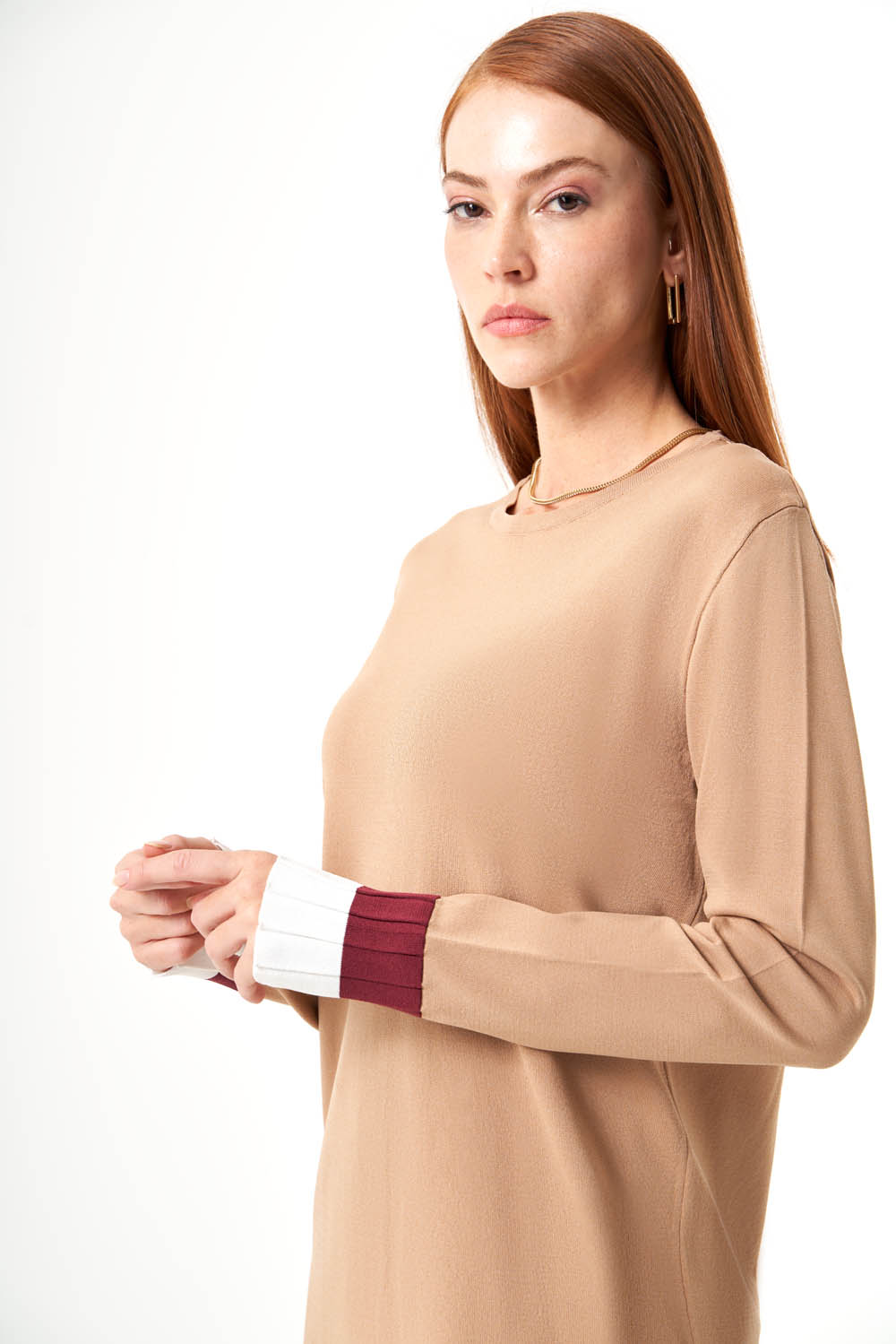 Mizalle Kolları Kahverengi Piliseli Camel Uzun Triko Tunik