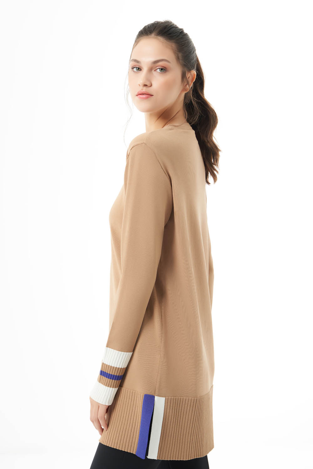 Mizalle Kol Çizgi Detaylı Uzun Camel Triko tunik