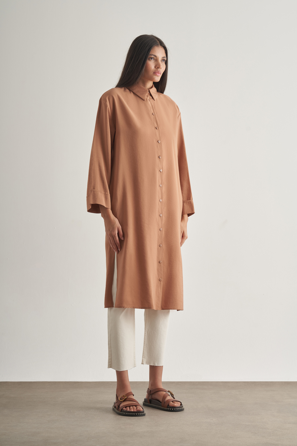 Mizalle Modal Karışımlı Camel Uzun Tunik