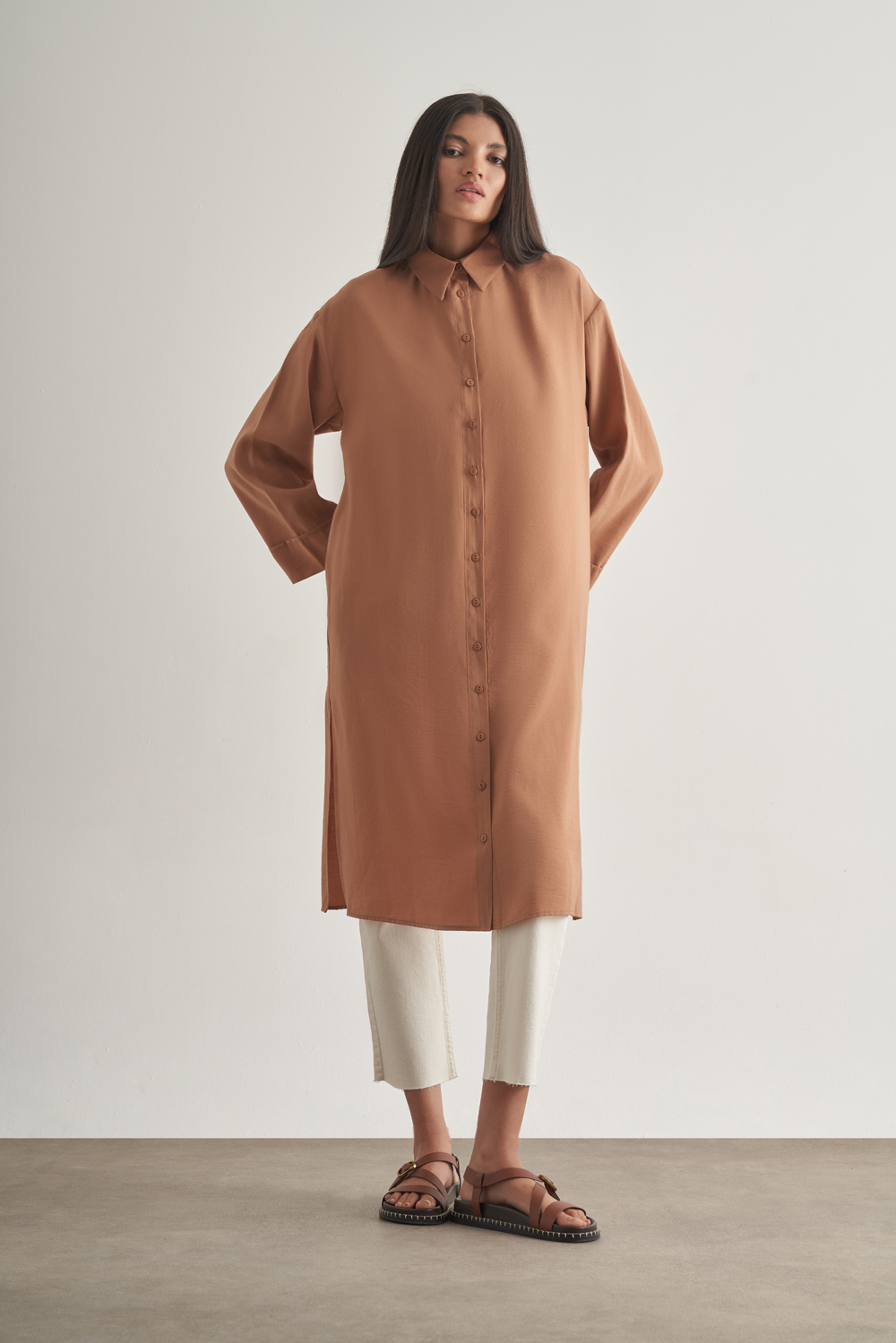Mizalle Modal Karışımlı Camel Uzun Tunik