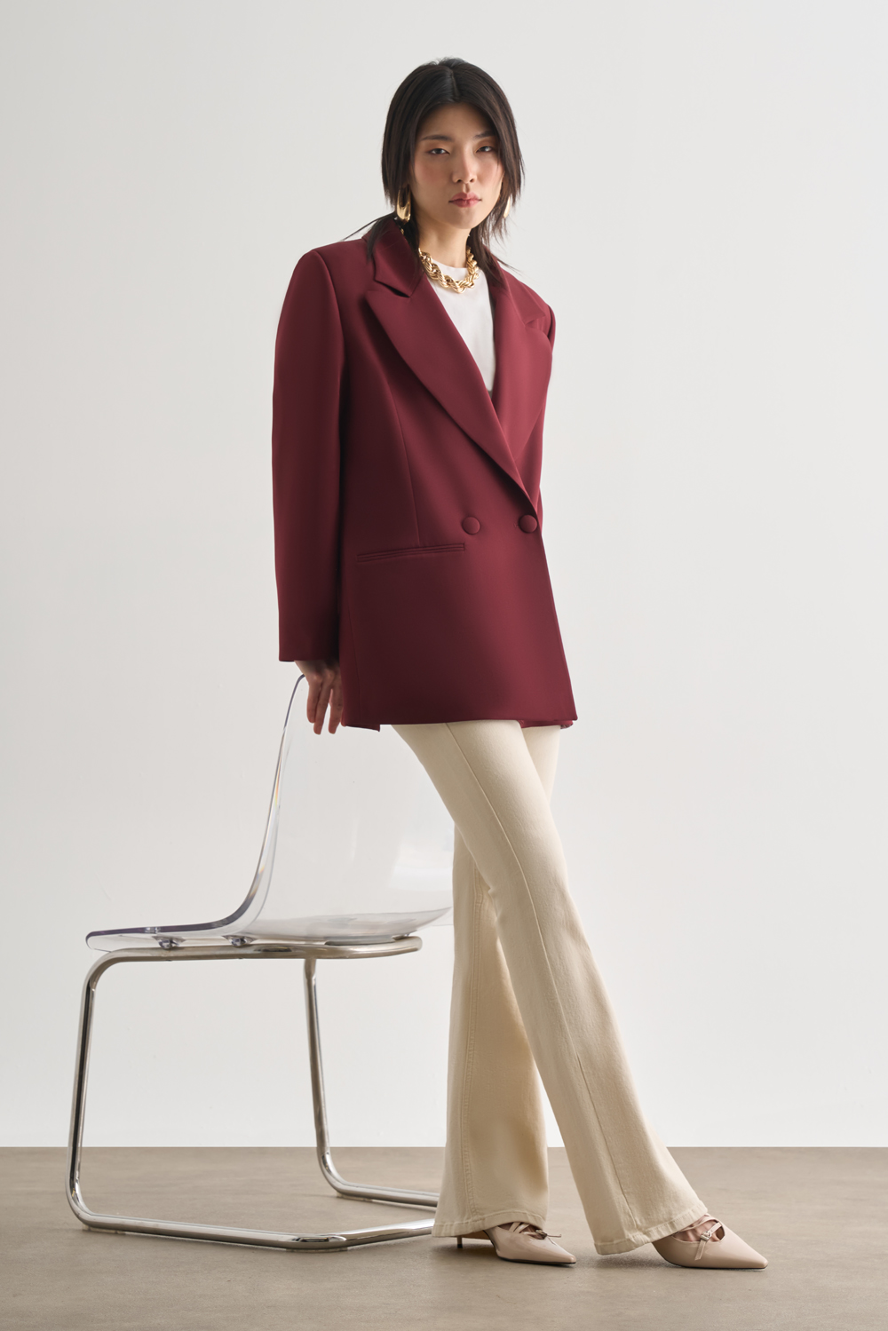 Mizalle Oversize Çift Yırtmaçlı Bordo Blazer Ceket