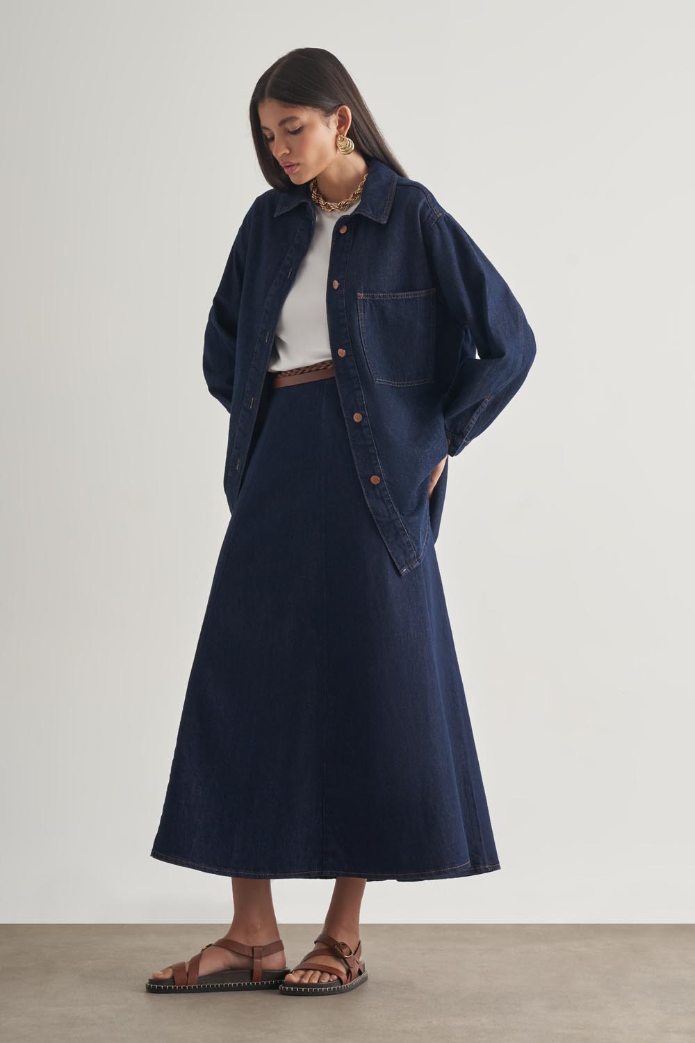 Mizalle Oversize Düğmeli Lacivert Denim Tunik