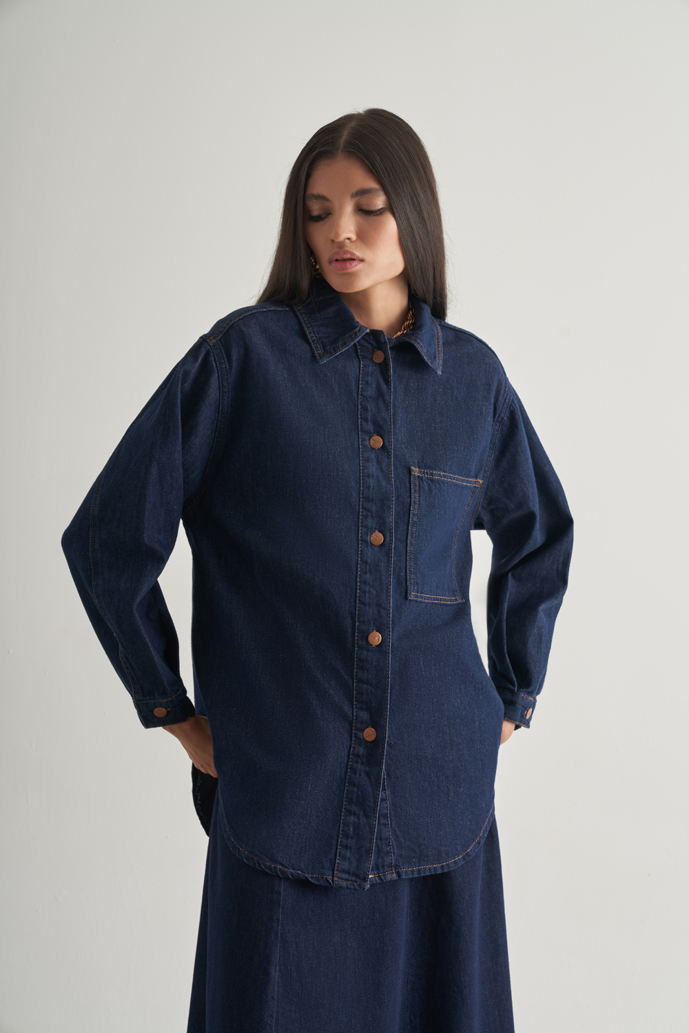 Mizalle Oversize Düğmeli Lacivert Denim Tunik