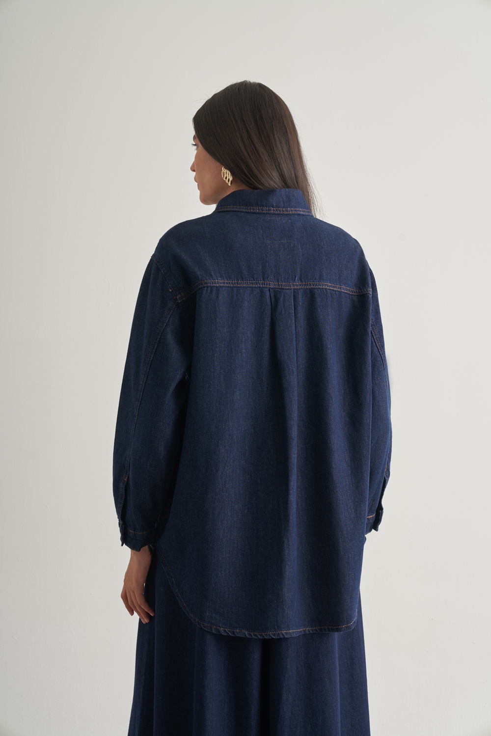 Mizalle Oversize Düğmeli Lacivert Denim Tunik