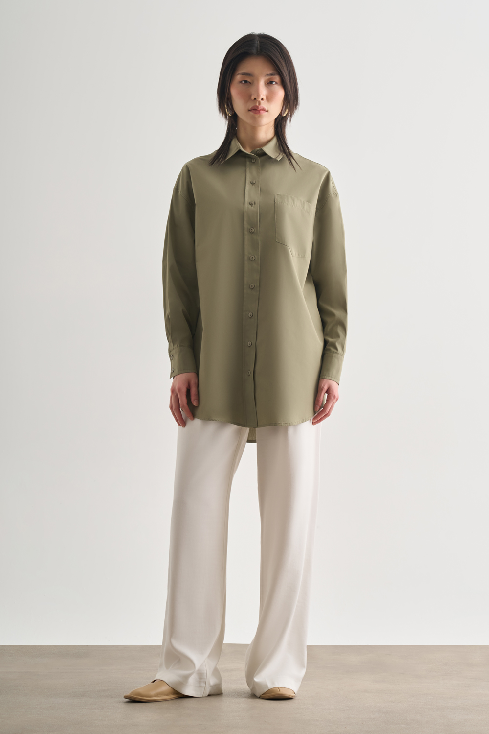 Mizalle Premium Saf Pamuk Haki Oversize Gömlek
