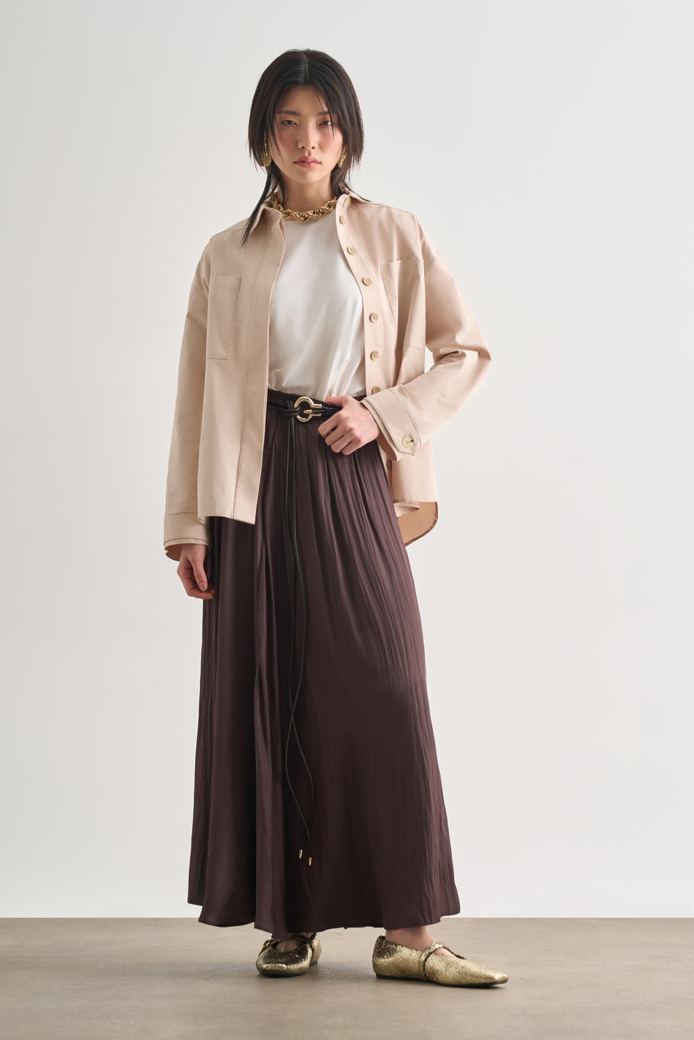 Mizalle Premium Saf Pamuk Oversize Bej Rengi Ceket Gömlek