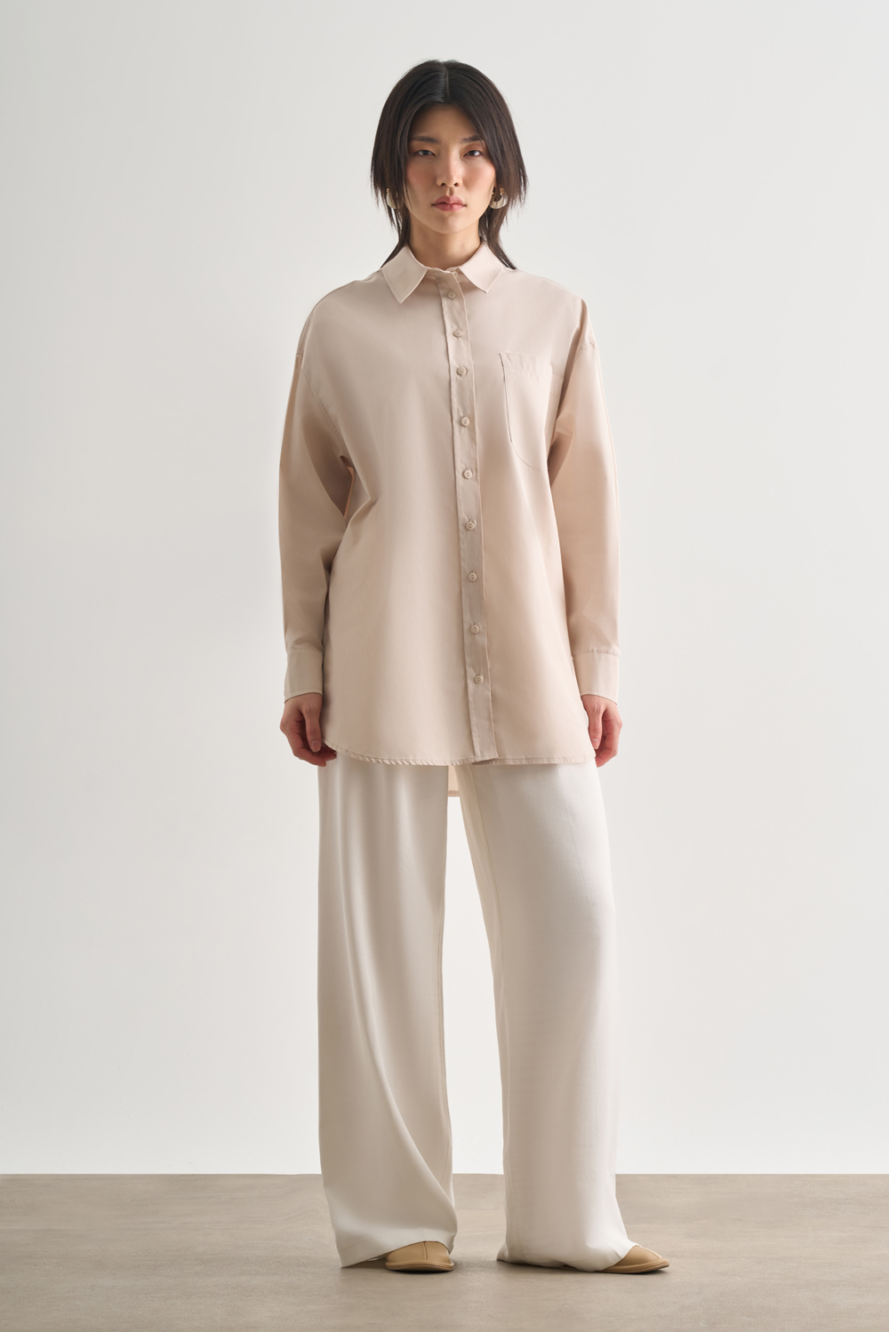 Mizalle Premium Saf Pamuk Taş Rengi Oversize Gömlek