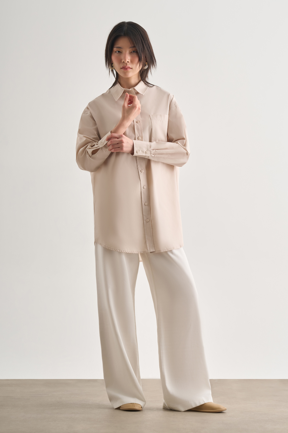 Mizalle Premium Saf Pamuk Taş Rengi Oversize Gömlek