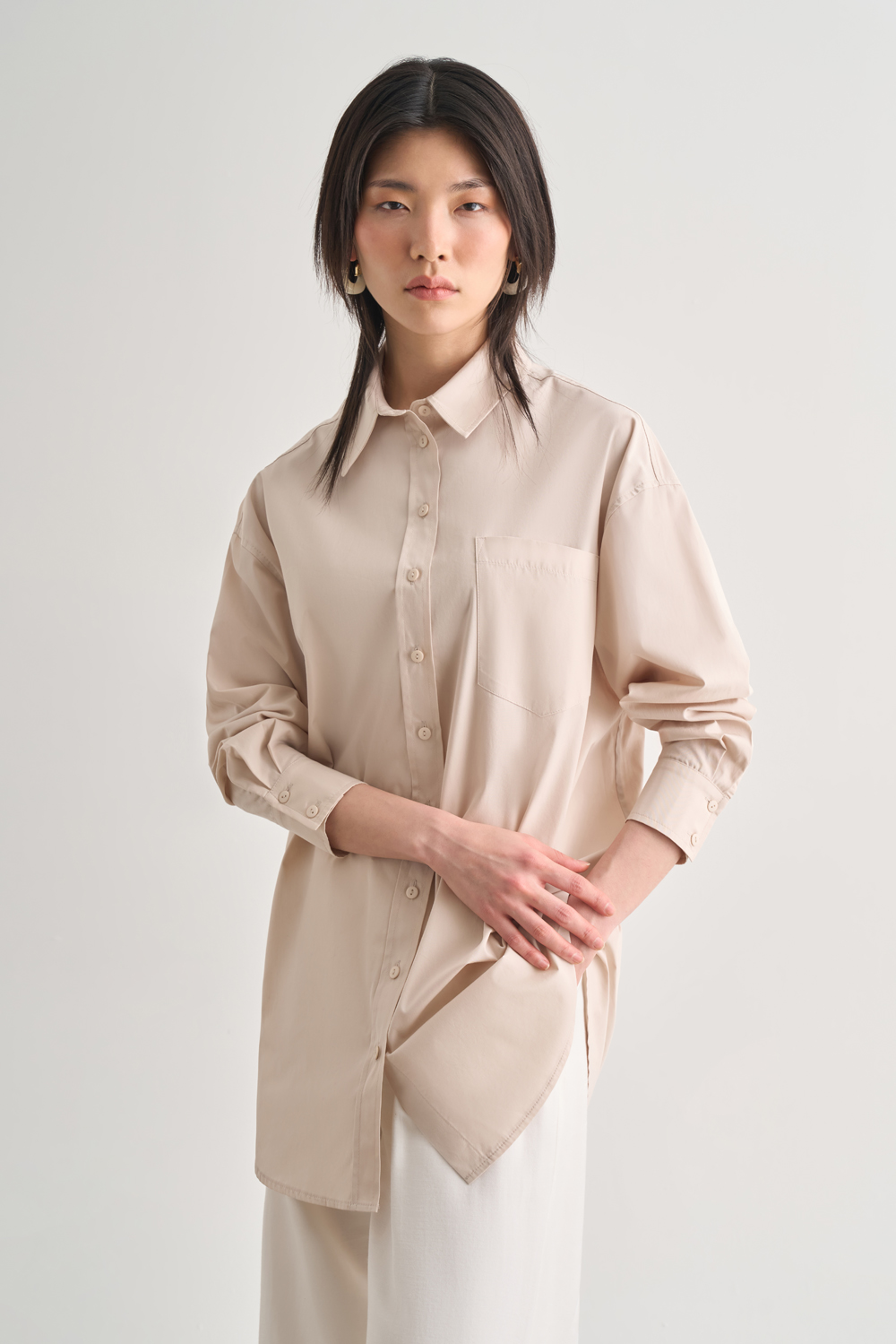 Mizalle Premium Saf Pamuk Taş Rengi Oversize Gömlek