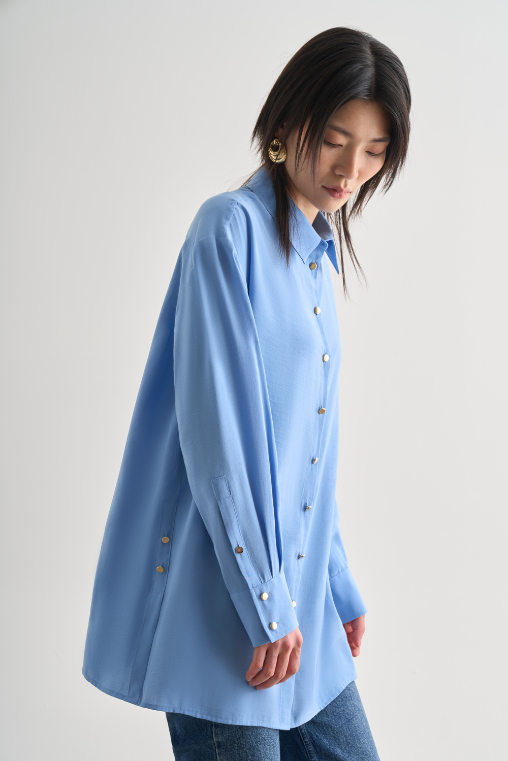 Mizalle Yan Düğme Detaylı Premium Modal Mavi Tunik