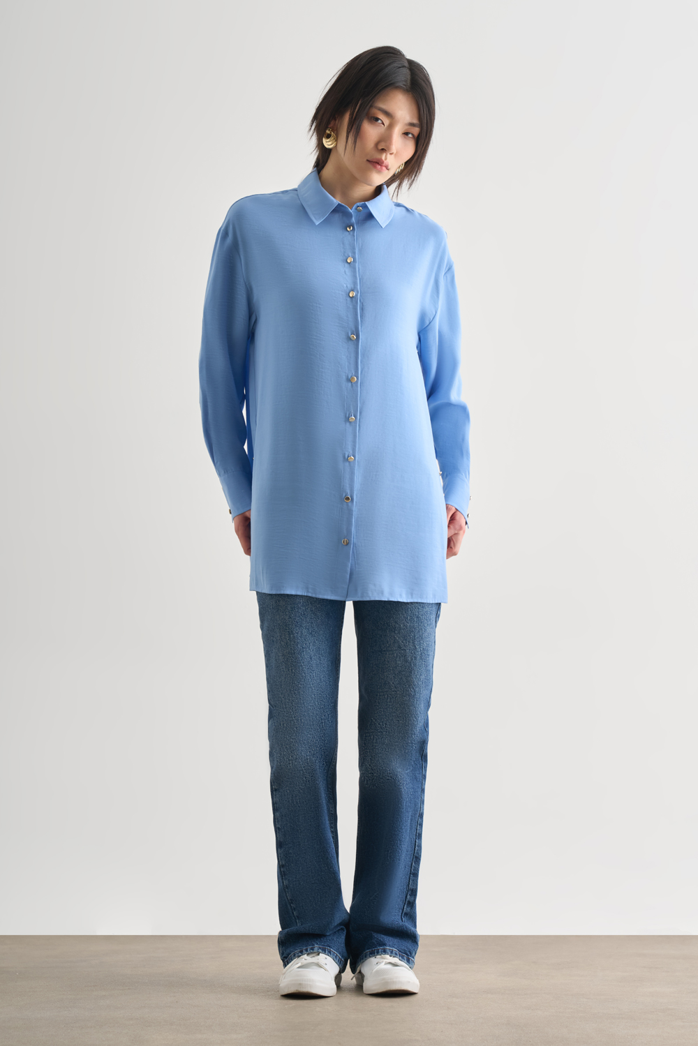 Mizalle Yan Düğme Detaylı Premium Modal Mavi Tunik