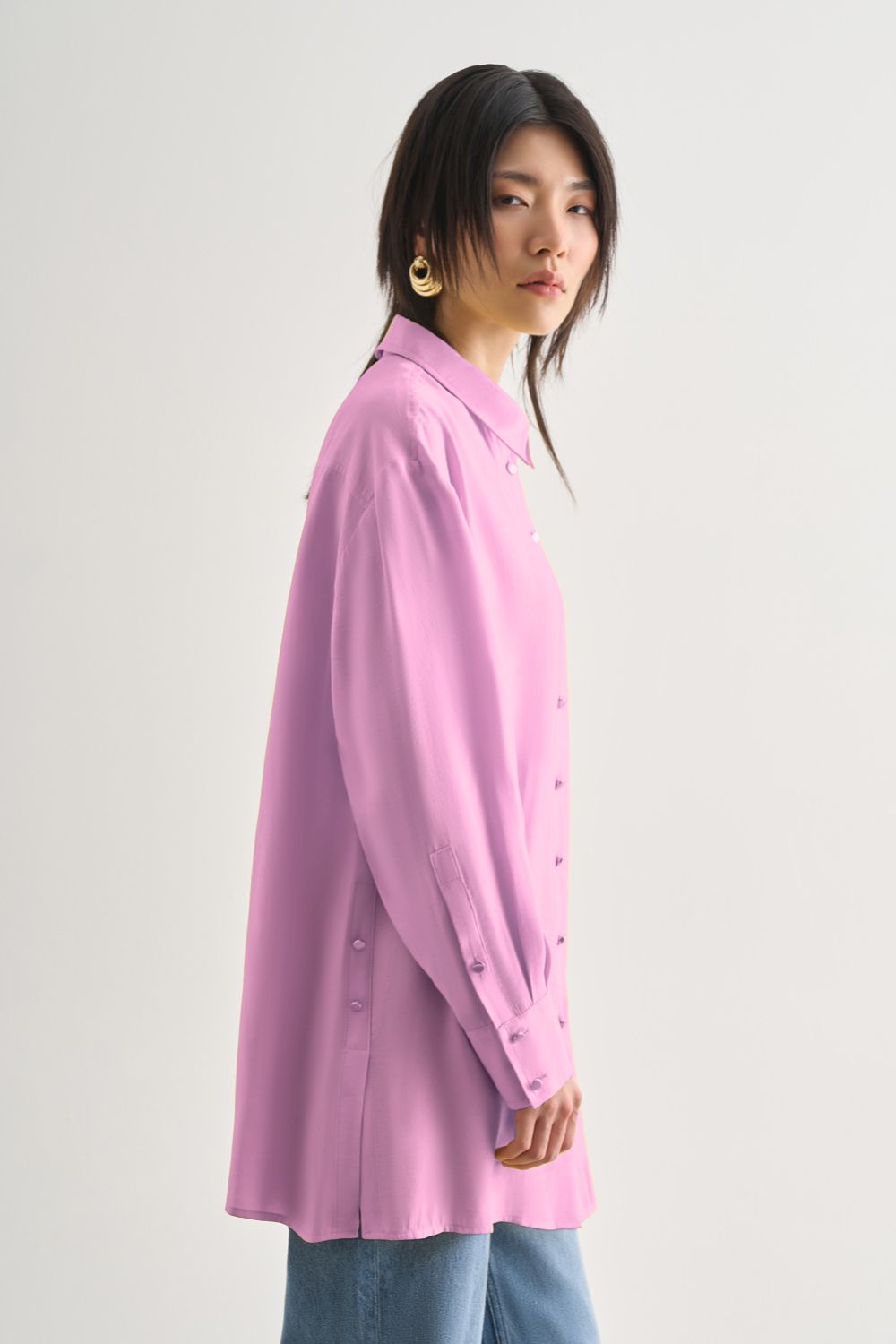 Mizalle Yan Düğme Detaylı Premium Modal Pembe Tunik