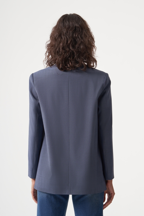 MZL Mavi Yün Karışımlı Rahat Kesim Tek Düğme Anvelop Blazer Ceket
