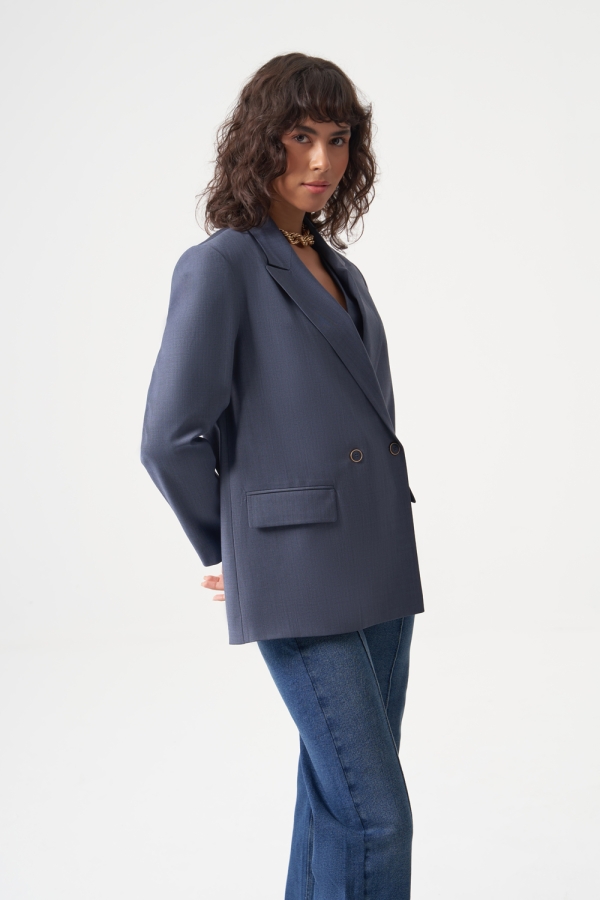 MZL Mavi Yün Karışımlı Rahat Kesim Tek Düğme Anvelop Blazer Ceket