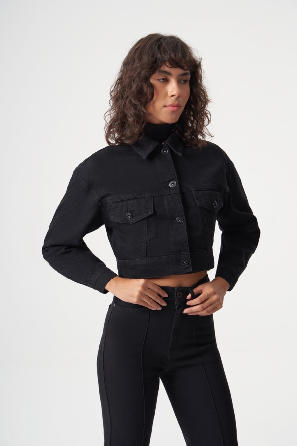 MZL Siyah Crop Denim Ceket