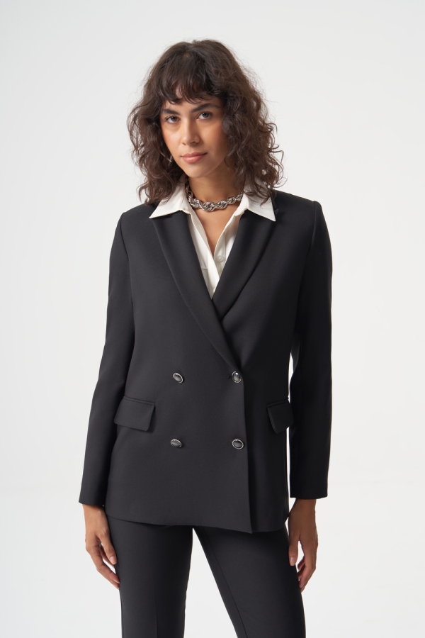 MZL Siyah Oversize Kruvaze Blazer Ceket 