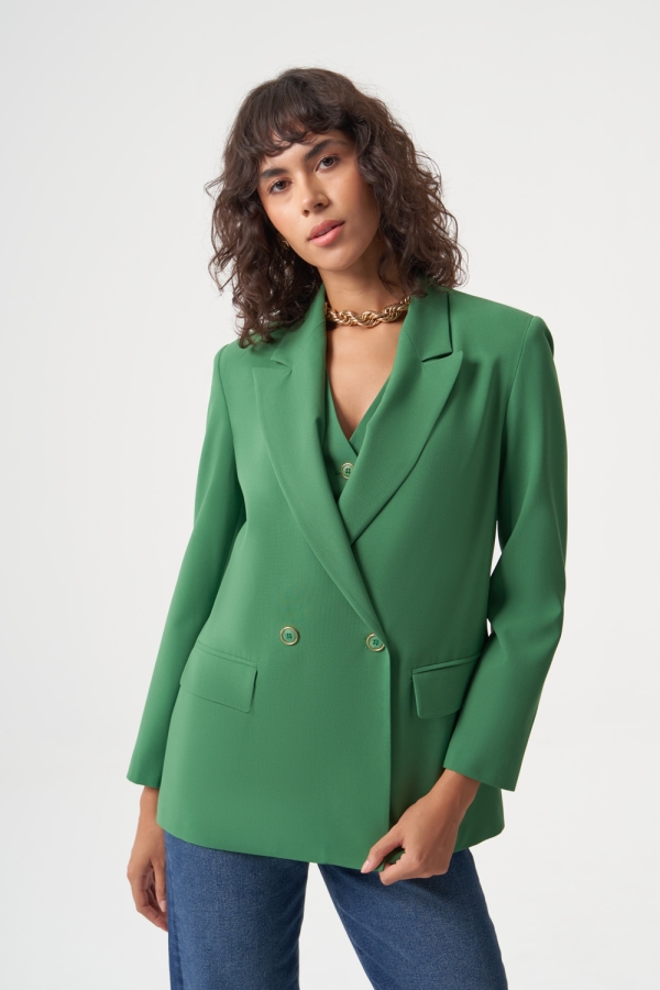 MZL Yeşil Yün Karışımlı Rahat Kesim Tek Düğme Anvelop Blazer Ceket