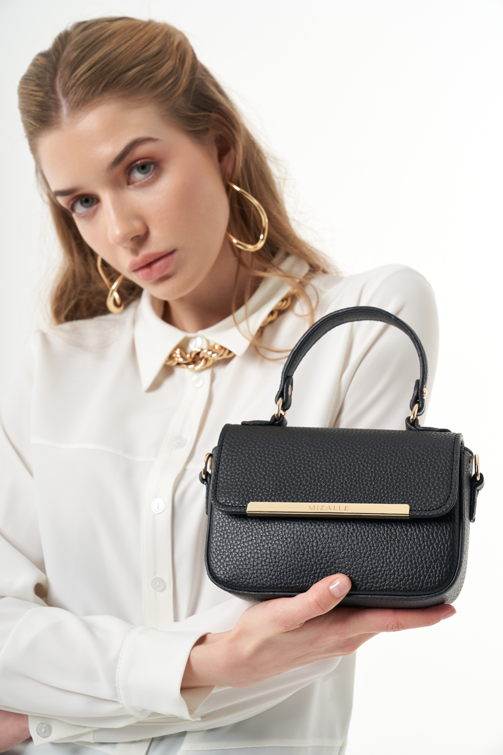 Mizalle Siyah Deri Mini Satchel Çanta 