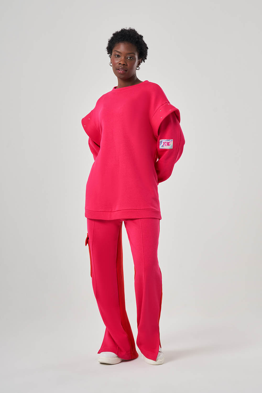 Mizalle Kolları Taş İşli Fuşya Sweatshirt