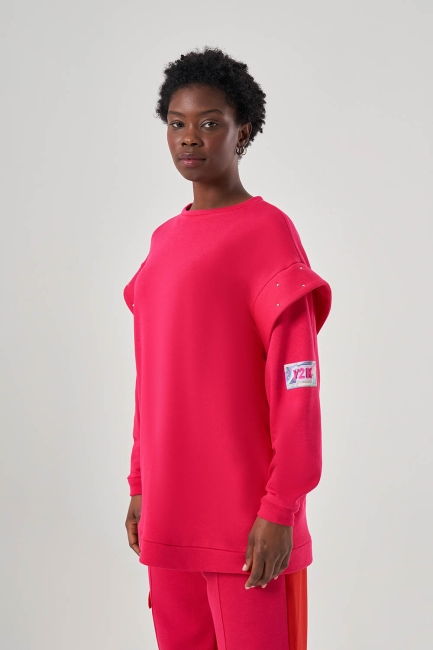 Mizalle Kolları Taş İşli Fuşya Sweatshirt