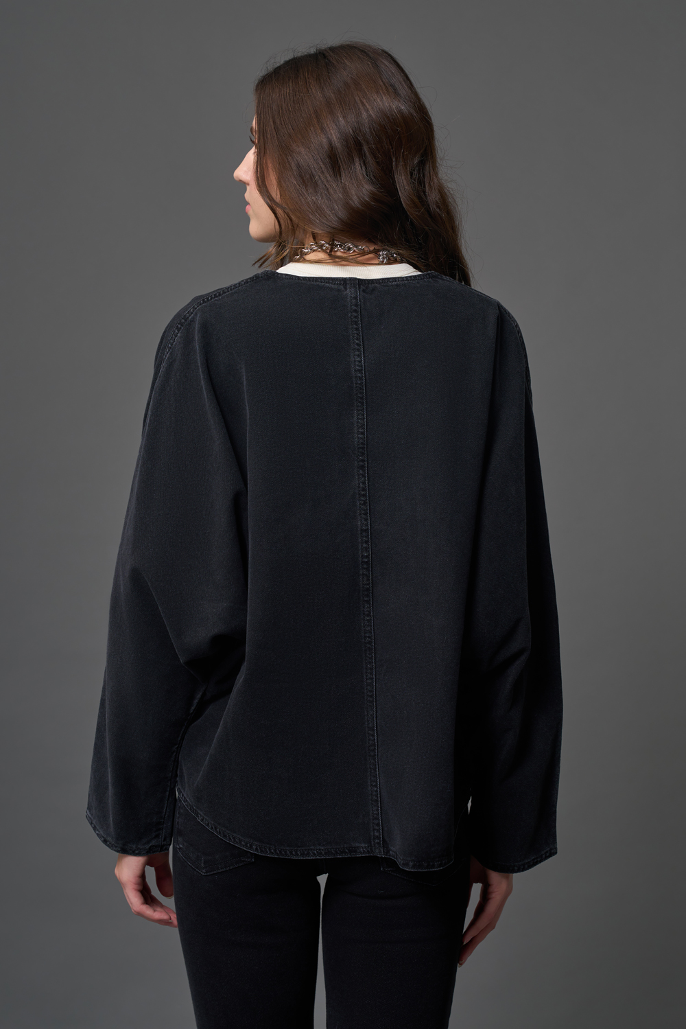 Mizalle Antrasit Oversize Yakasız Denim Ceket