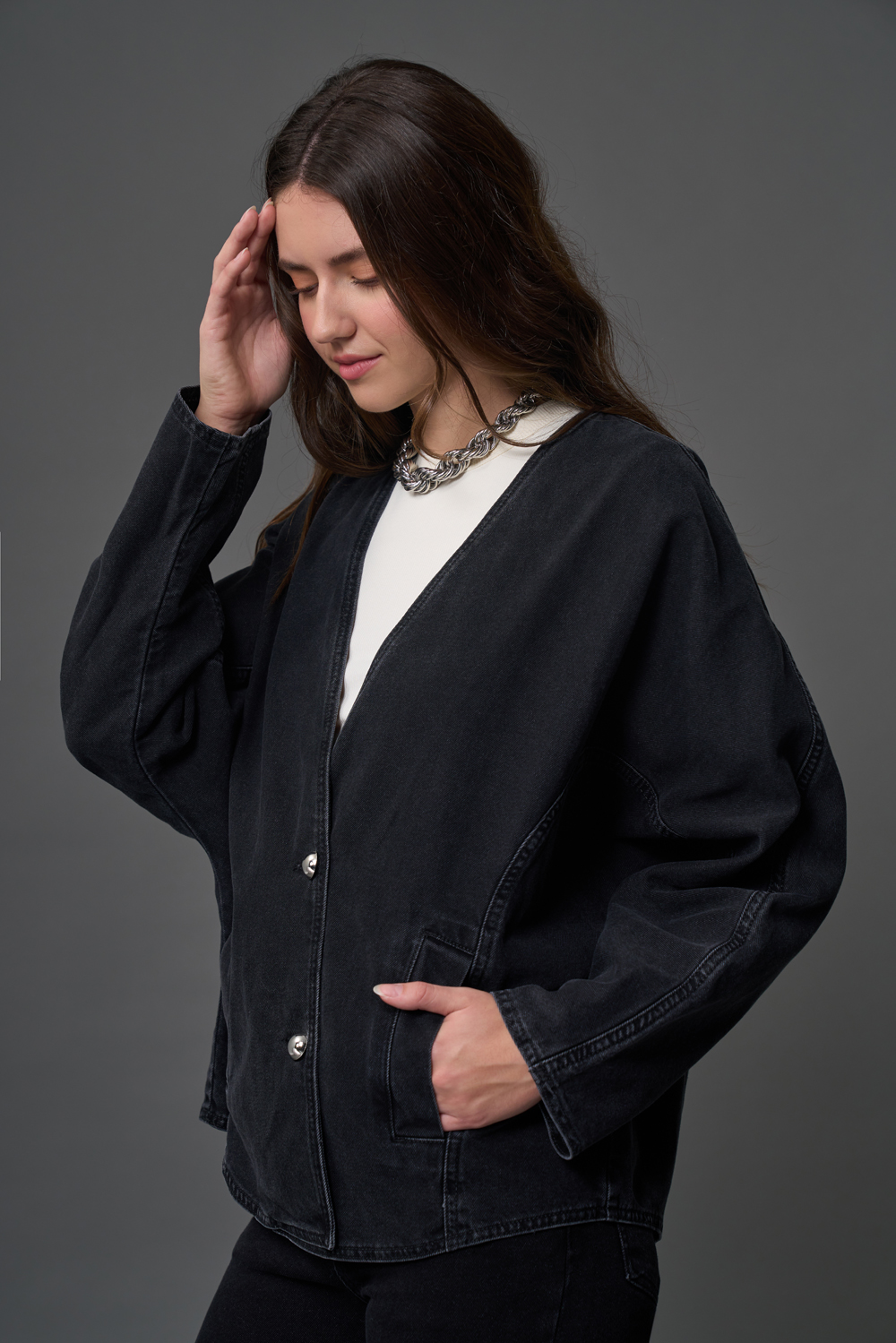 Mizalle Antrasit Oversize Yakasız Denim Ceket