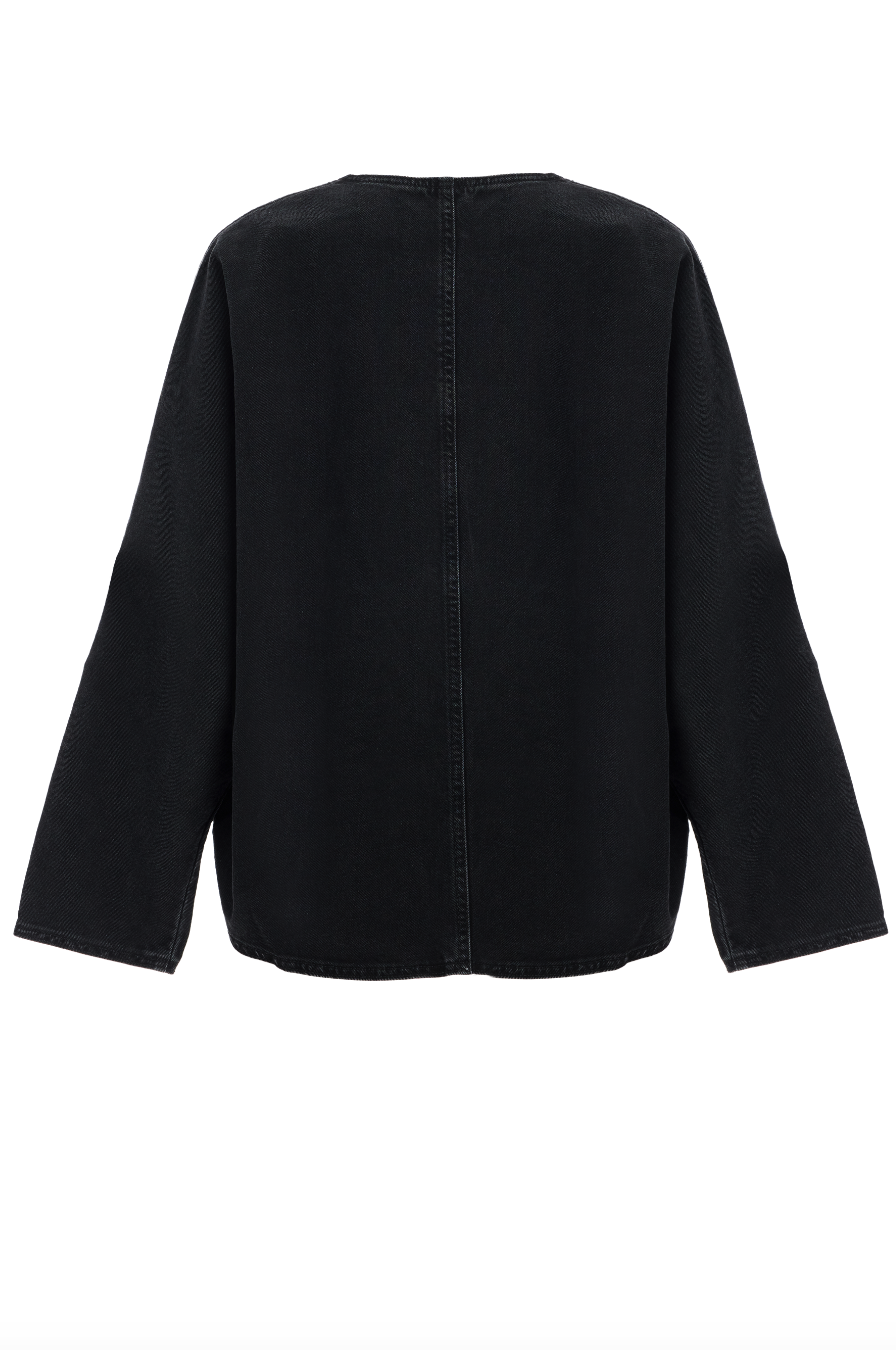 Mizalle Antrasit Oversize Yakasız Denim Ceket