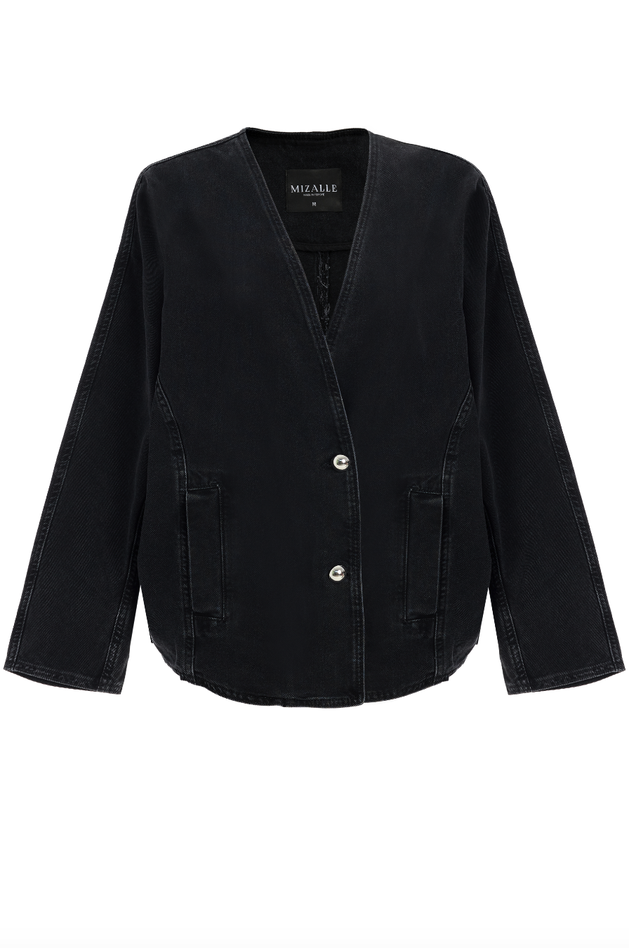 Mizalle Antrasit Oversize Yakasız Denim Ceket