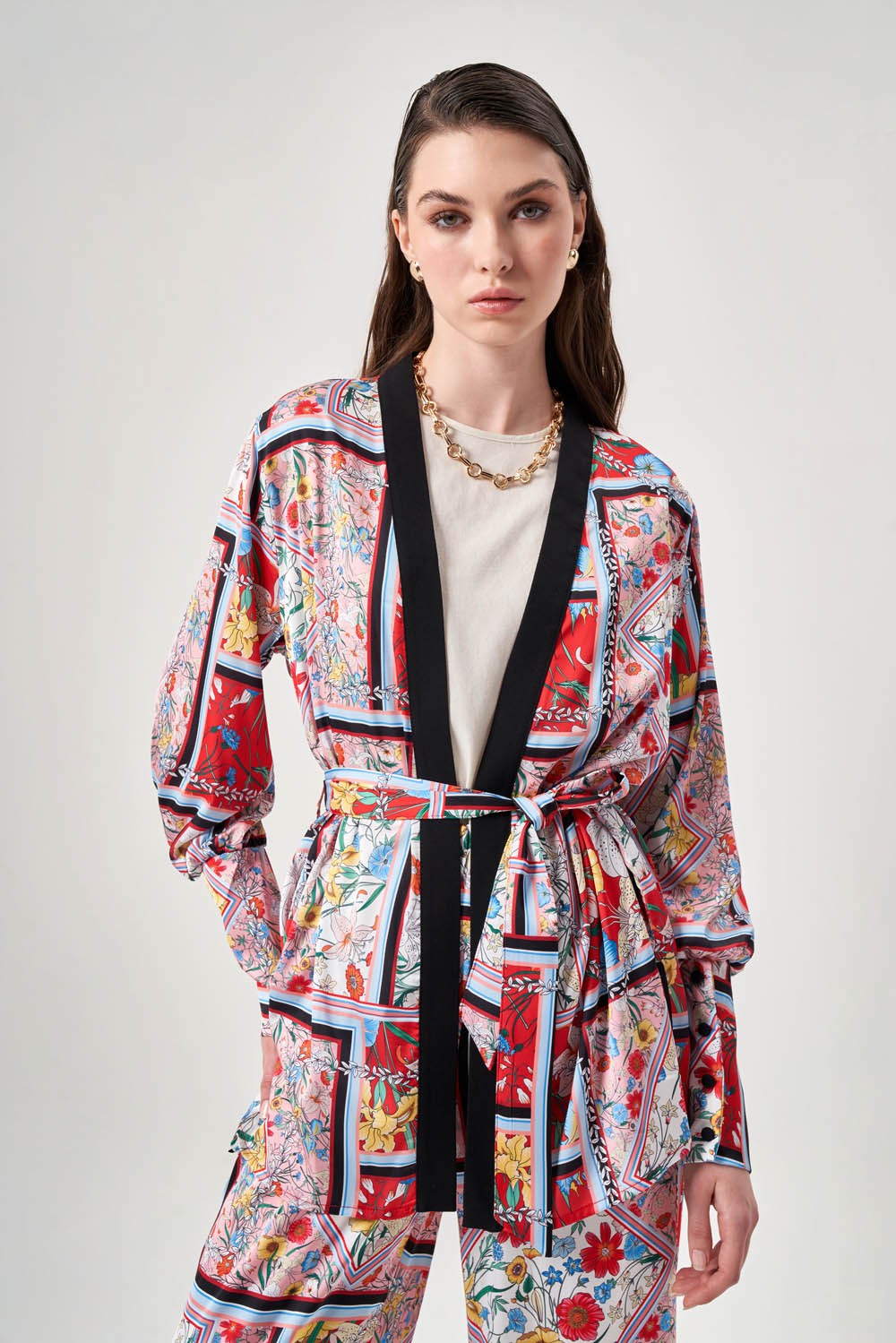 Mizalle Desenli Kalın Kol Manşetli Kimono