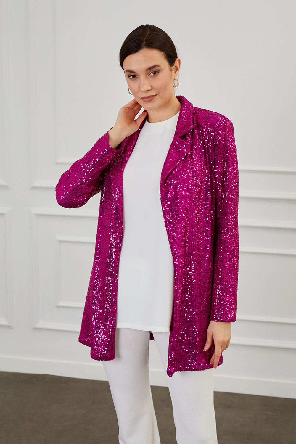 Mizalle Full Payet İşli Düğmesiz Fuşya Pembe Abiye Ceket
