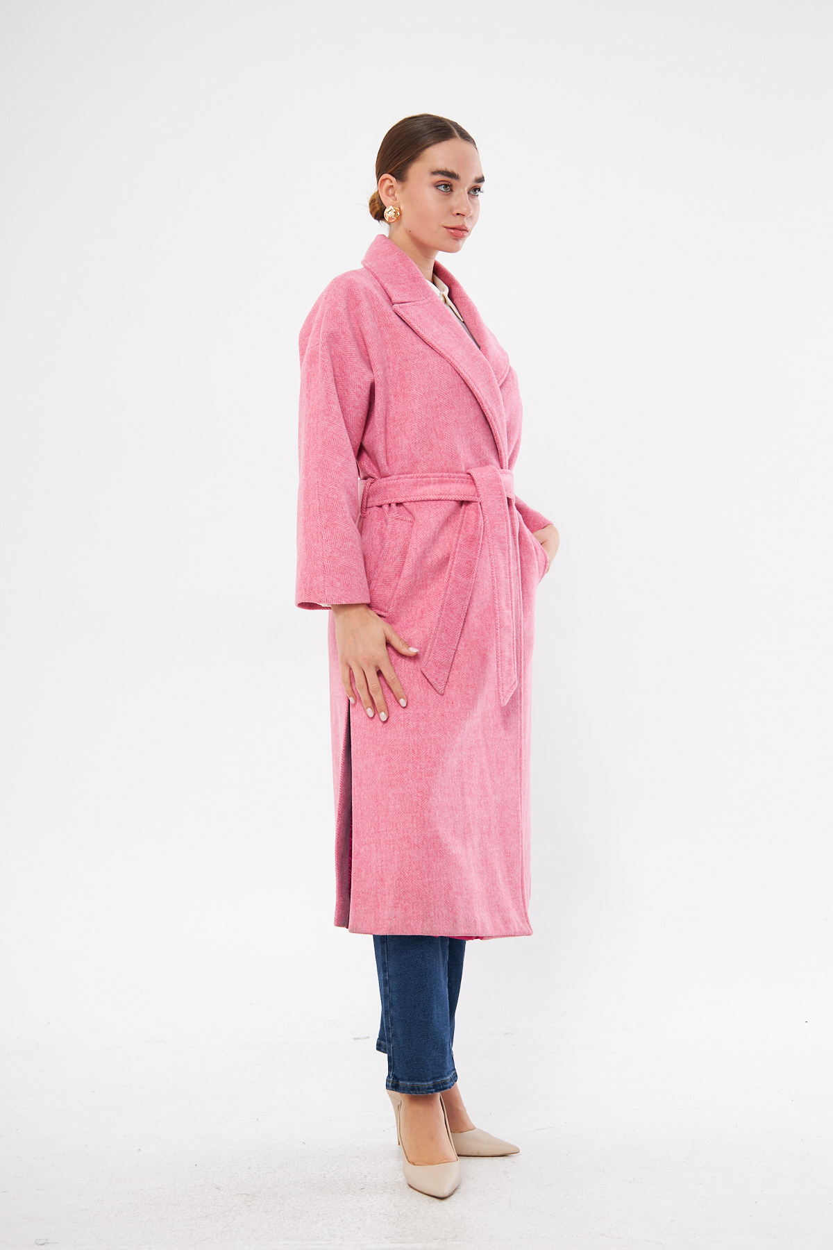 Mizalle Basic Erkek Yaka Pembe Kaşe Kaban