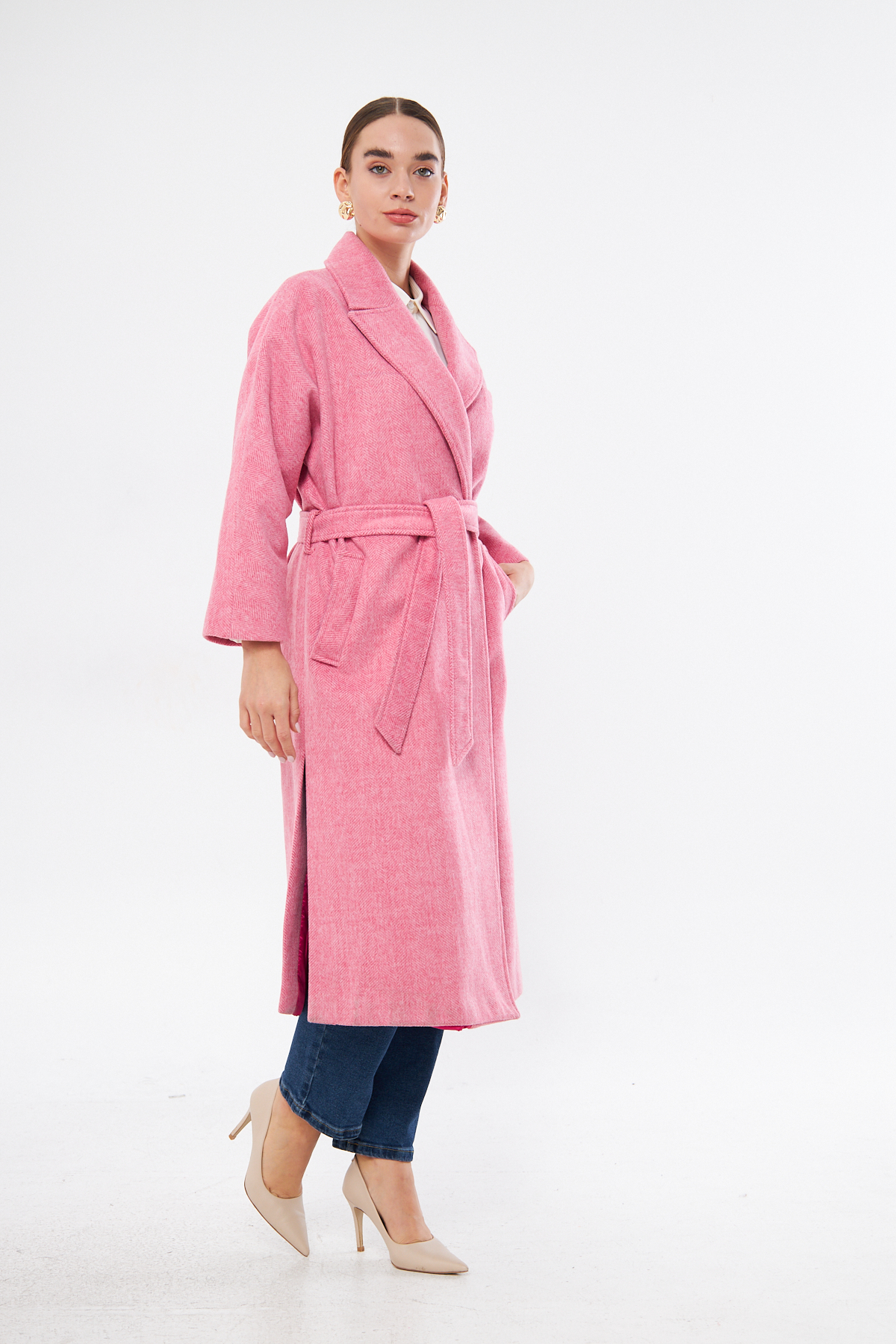 Mizalle Basic Erkek Yaka Pembe Kaşe Kaban