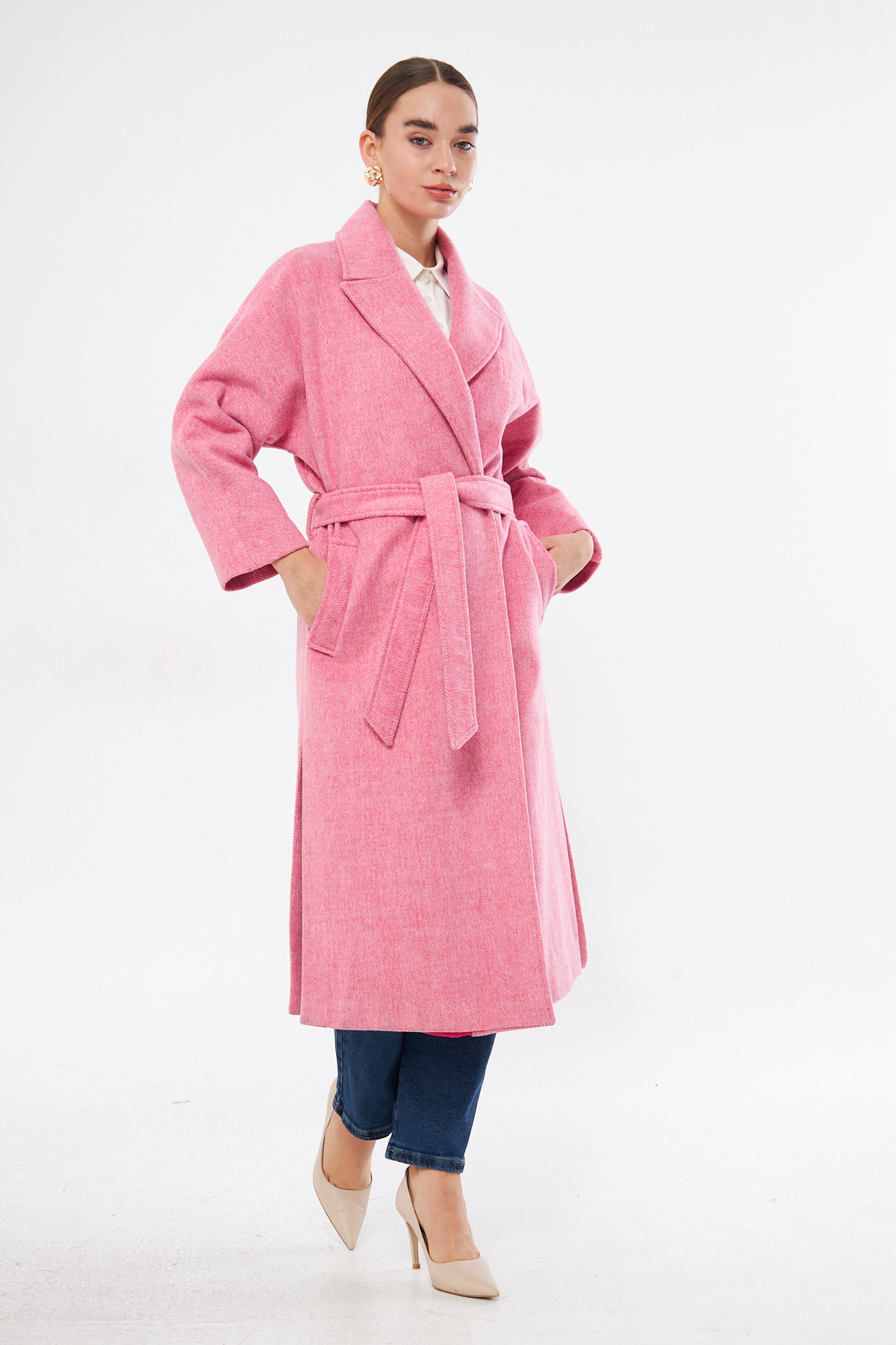 Mizalle Basic Erkek Yaka Pembe Kaşe Kaban
