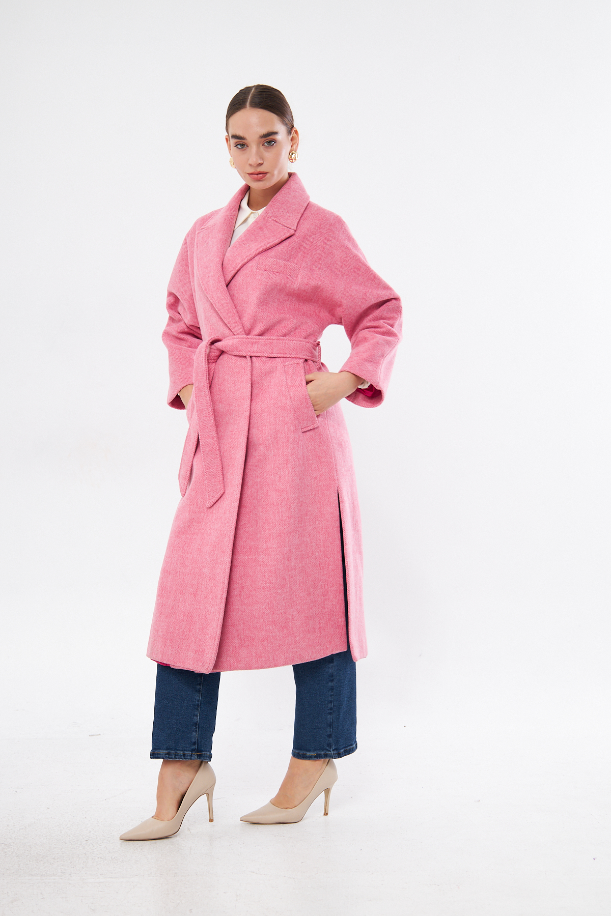 Mizalle Basic Erkek Yaka Pembe Kaşe Kaban
