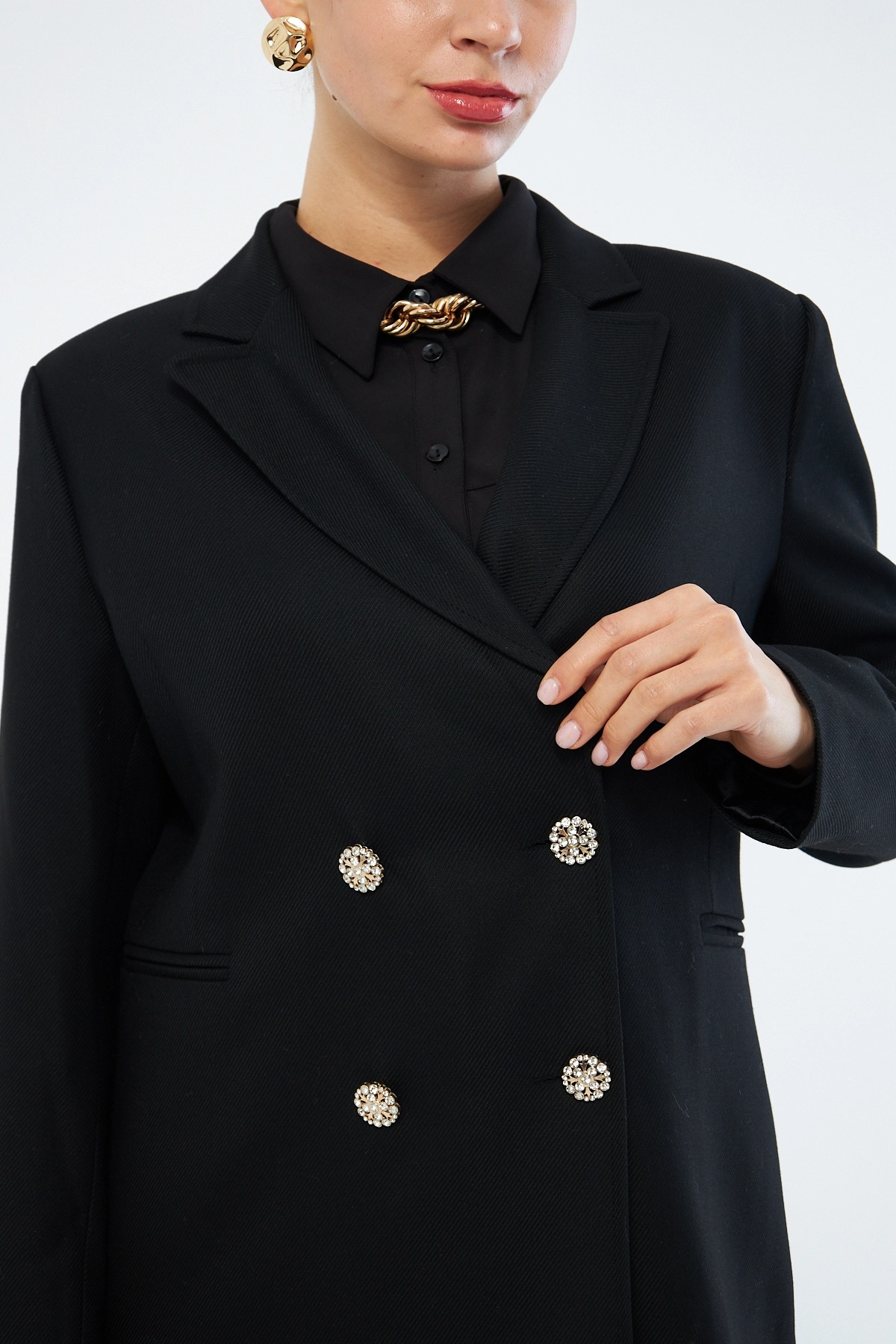 Mizalle Renkli Astarlı Siyah Blazer Ceket