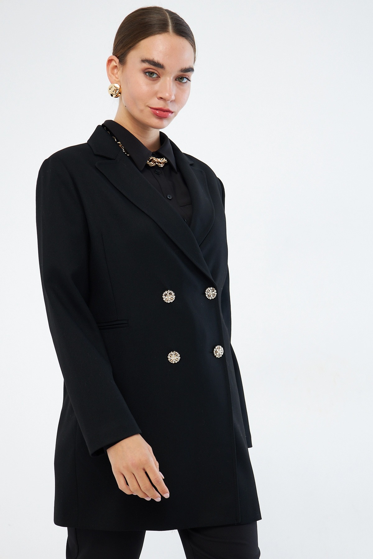 Mizalle Renkli Astarlı Siyah Blazer Ceket