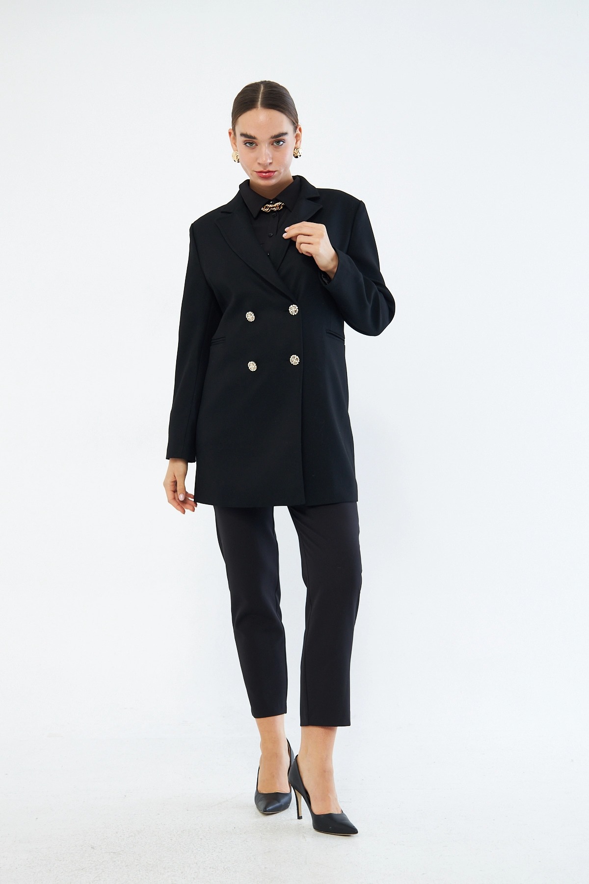 Mizalle Renkli Astarlı Siyah Blazer Ceket