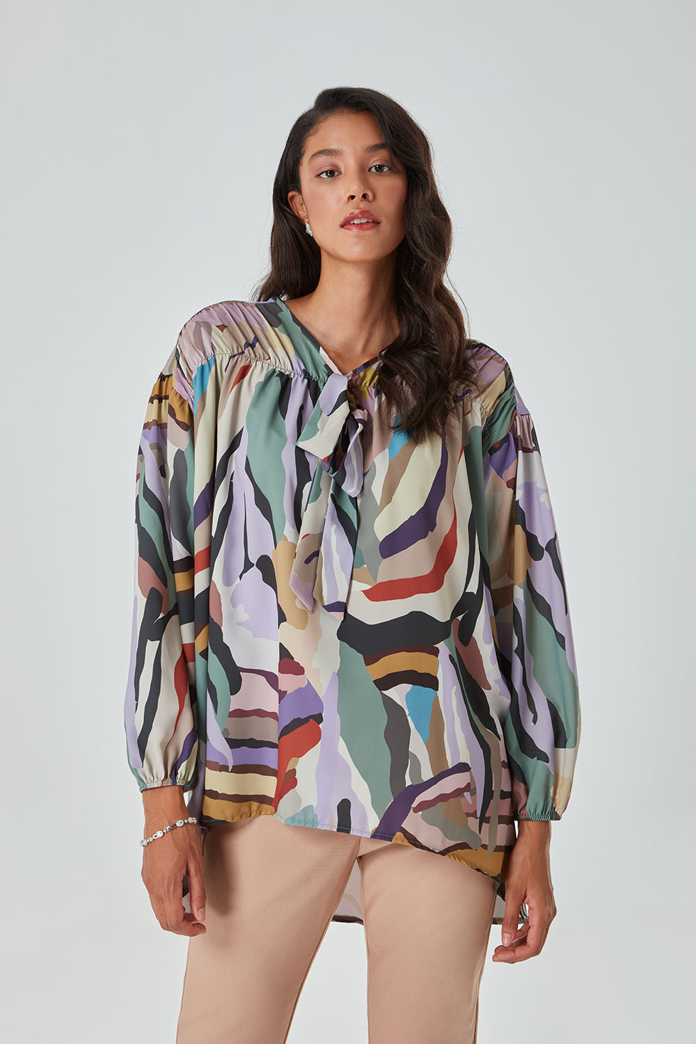 Mizalle Çok Renkli Yakası Fularlı Zebra Tunik