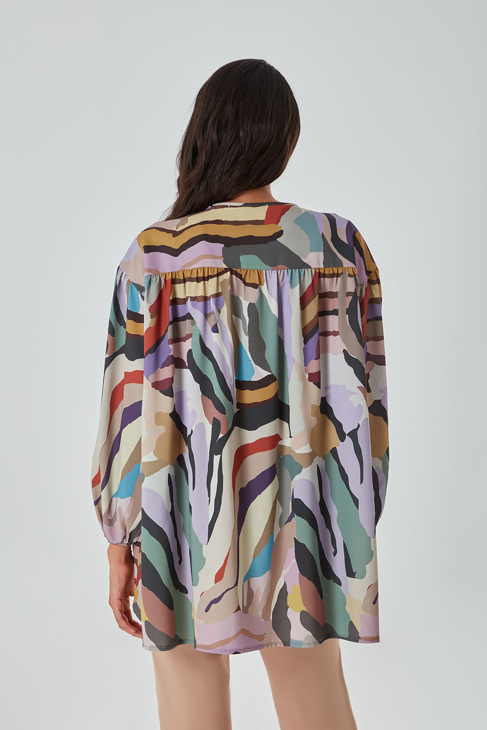 Mizalle Çok Renkli Yakası Fularlı Zebra Tunik