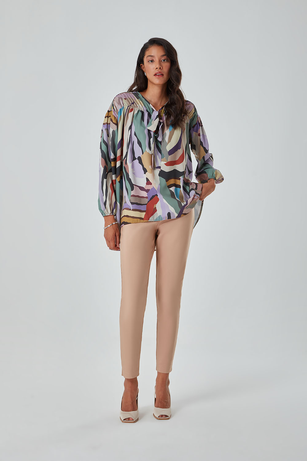 Mizalle Çok Renkli Yakası Fularlı Zebra Tunik