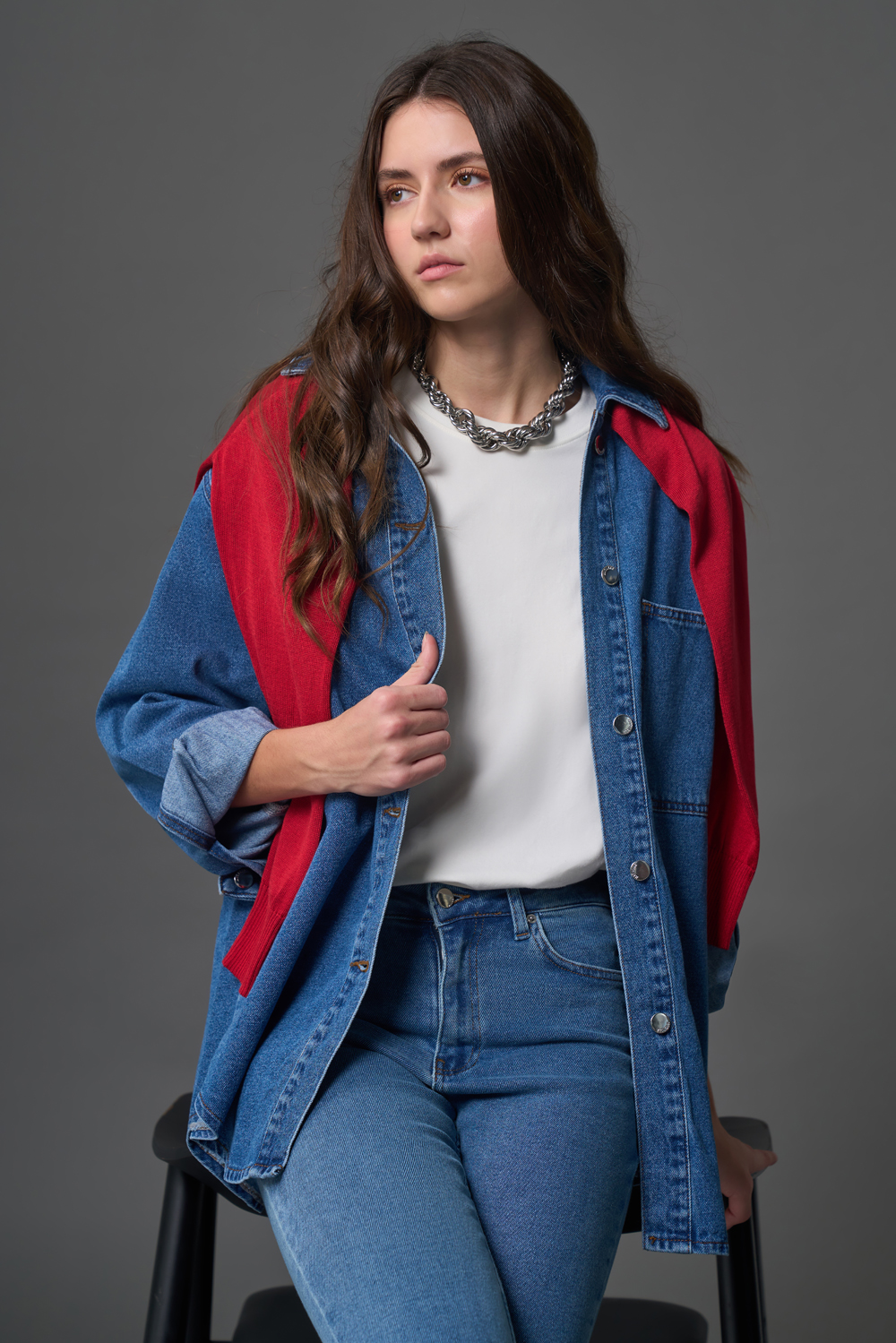 Mizalle Tek Cepli Rahat Kesimli Uzun Mavi Denim Gömlek