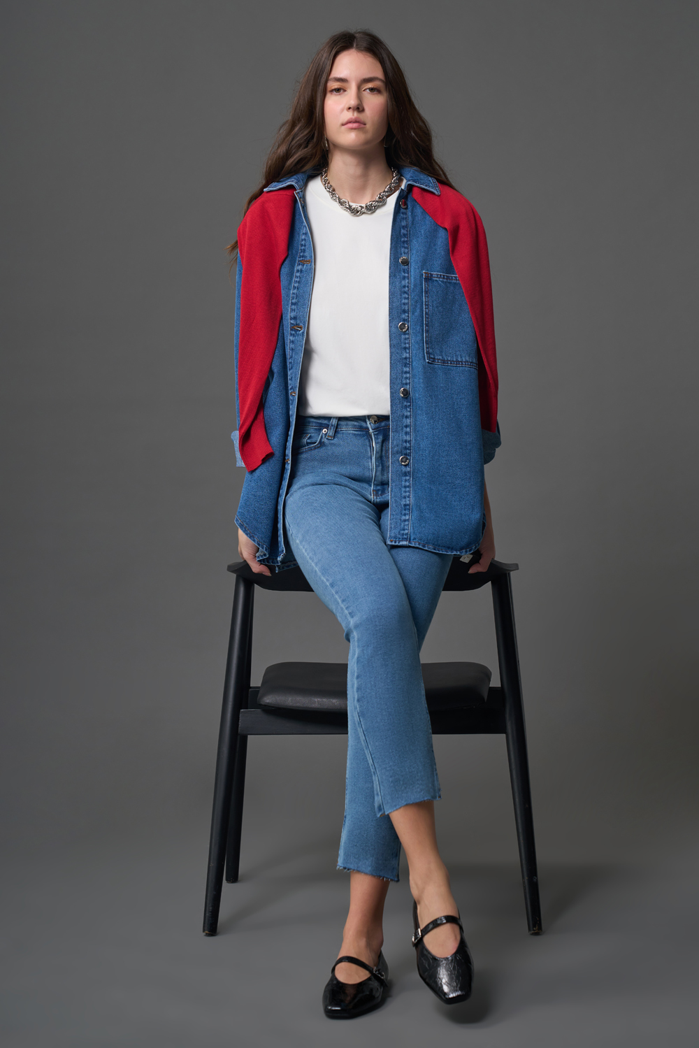 Mizalle Tek Cepli Rahat Kesimli Uzun Mavi Denim Gömlek