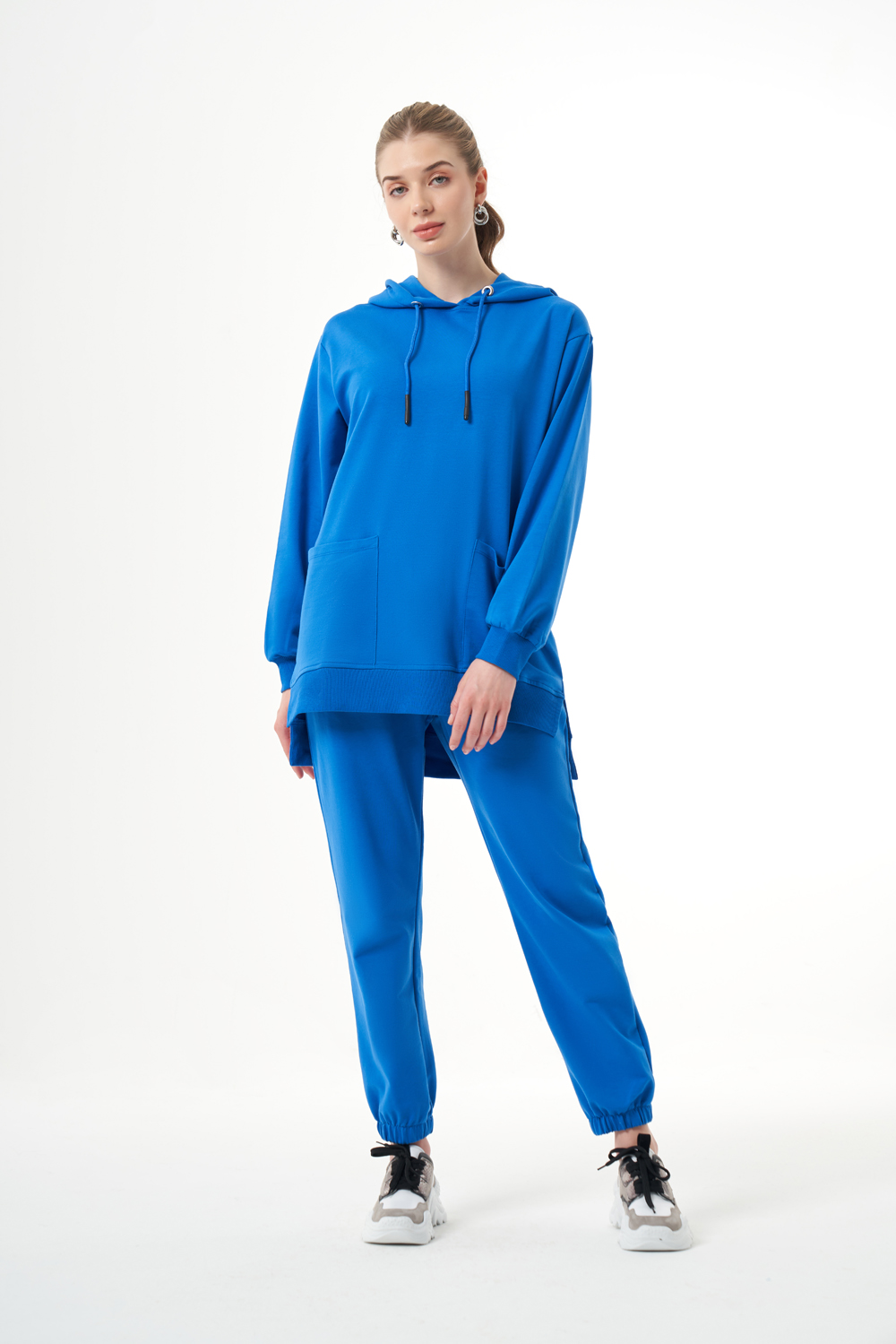 Mizalle Kapüşonlu Torba Cepli Mavi Sweatshirt