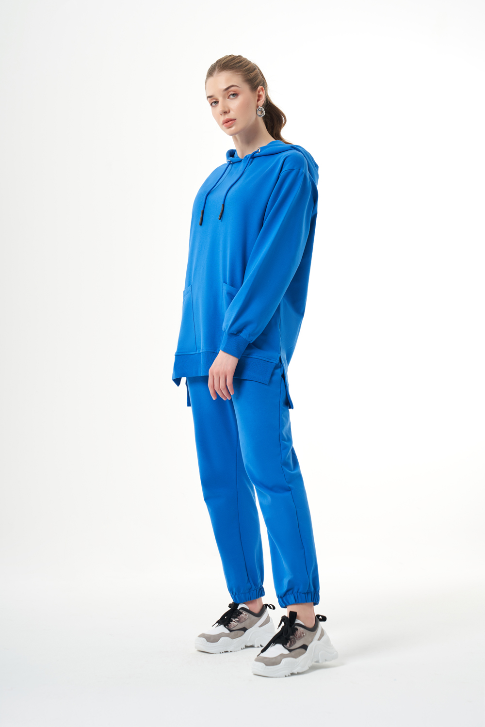 Mizalle Kapüşonlu Torba Cepli Mavi Sweatshirt