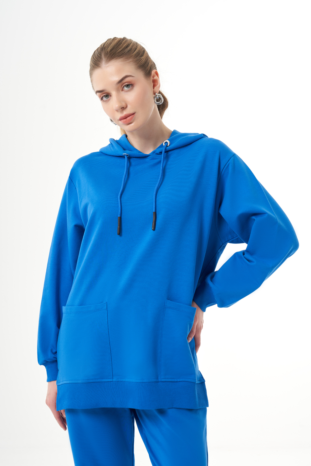 Mizalle Kapüşonlu Torba Cepli Mavi Sweatshirt