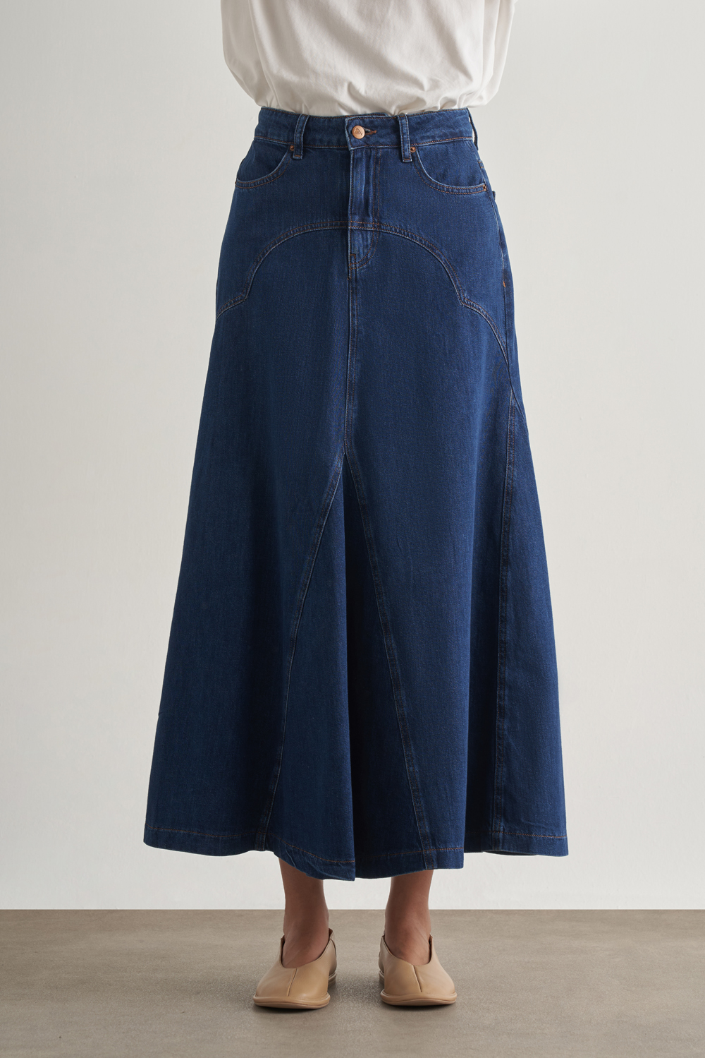 Mizalle Parça Volanlı Lacivert Maksi Denim Etek