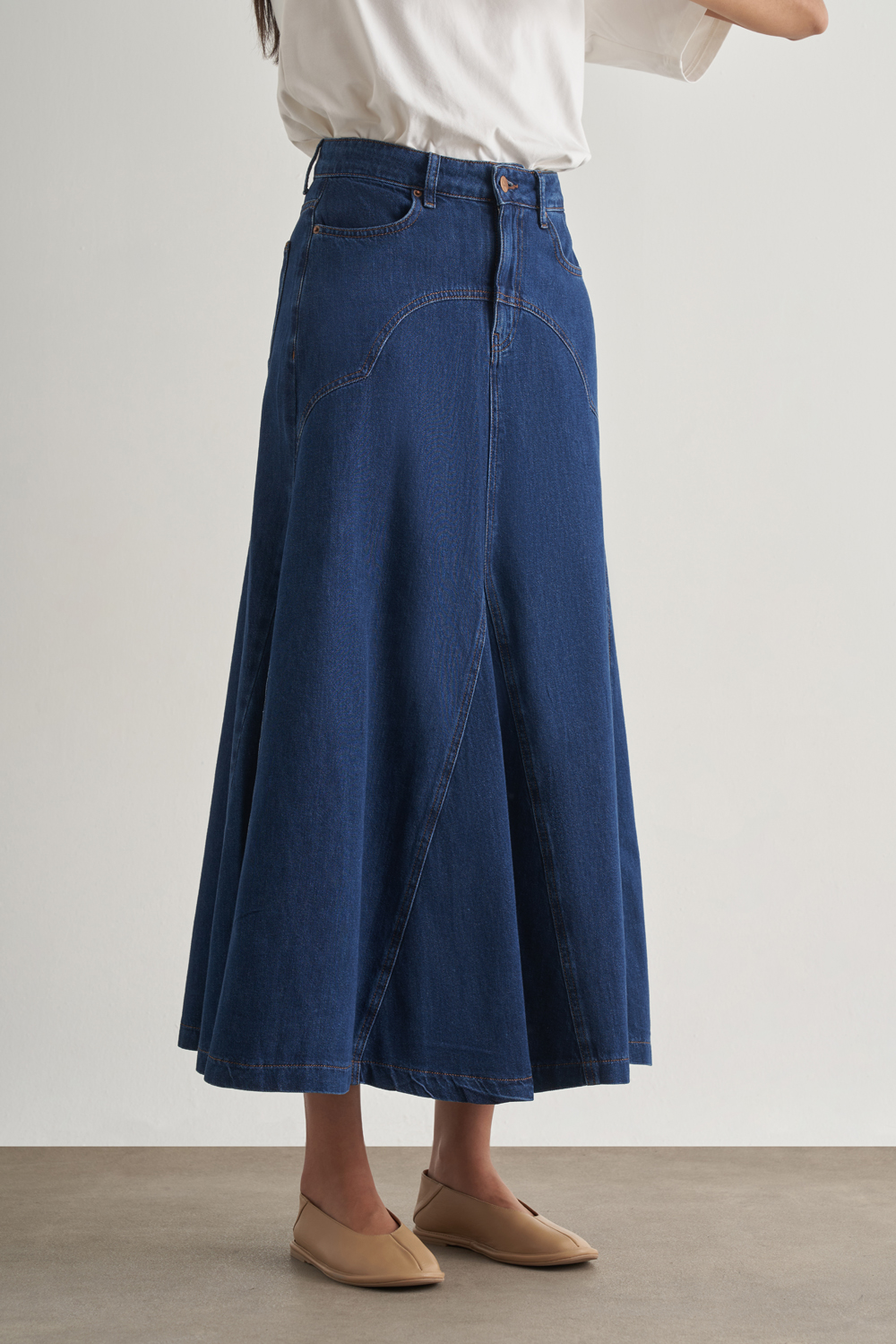 Mizalle Parça Volanlı Lacivert Maksi Denim Etek