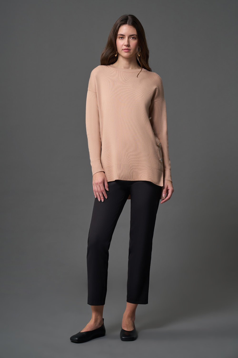Mizalle Yanları Metal Düğmeli Camel Uzun Triko Tunik