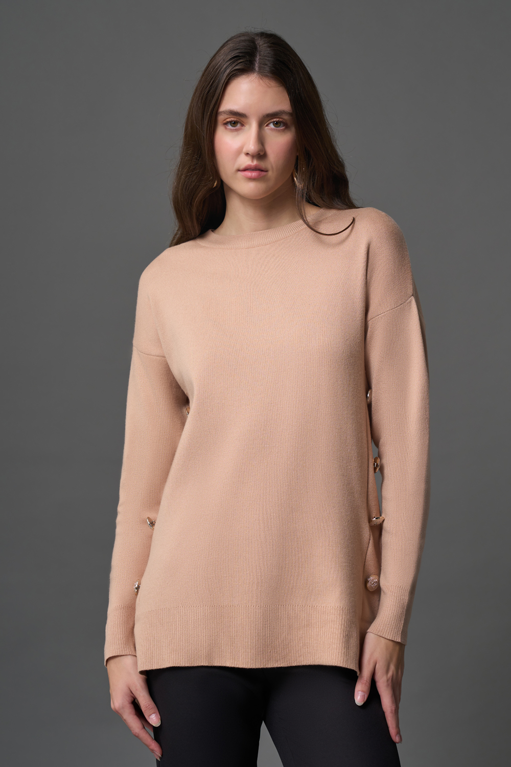 Mizalle Yanları Metal Düğmeli Camel Uzun Triko Tunik