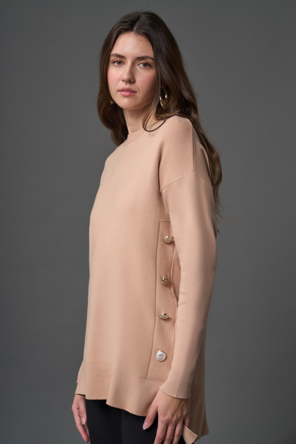 Mizalle Yanları Metal Düğmeli Camel Uzun Triko Tunik